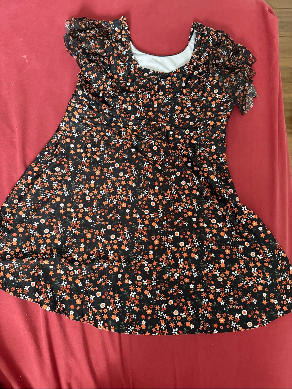 Black Floral Ruffle Sleeve Swim Dress - Orange & White Flowers